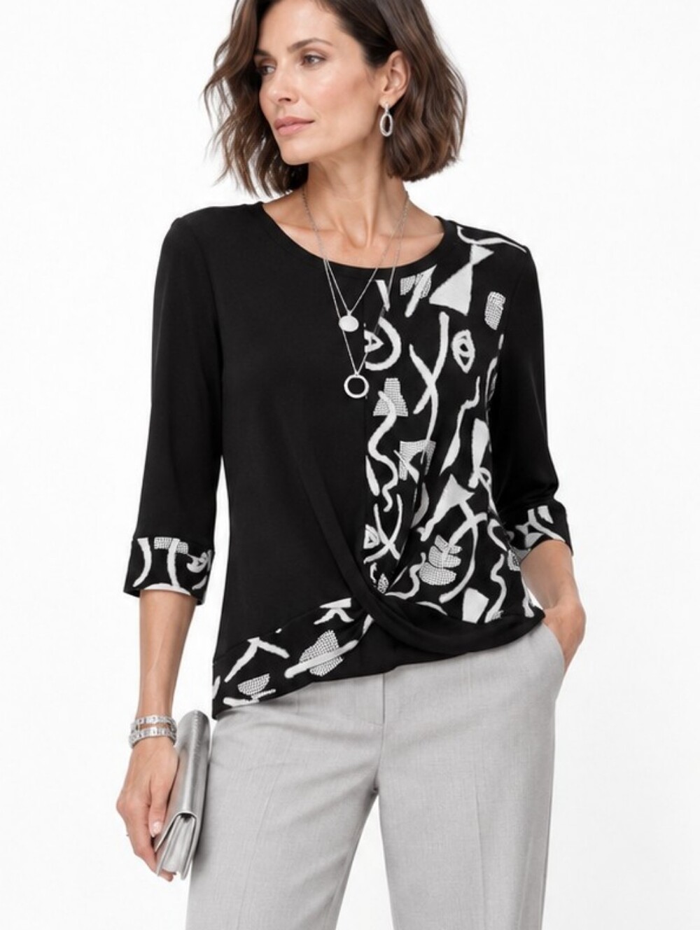 Joseph Ribkoff Top Modern Graphic Print Black Gray Long Sleeve